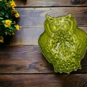 Vintage Green Owl Glass Candy Trinket Dish 8.5” Flash Colored Retro Decor